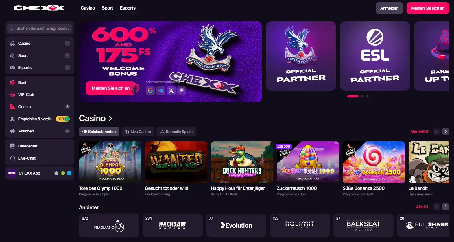 CHEXX Startseite mit Markenlogo und Navigation zu Casino, Sport und Esports